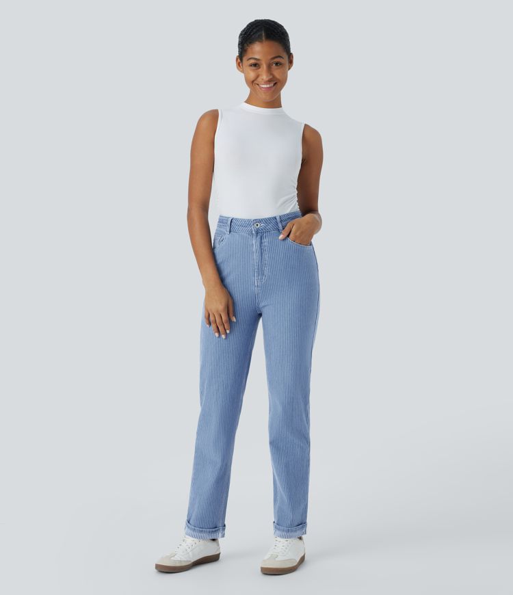 Washed Striped Straight-Leg Jeans