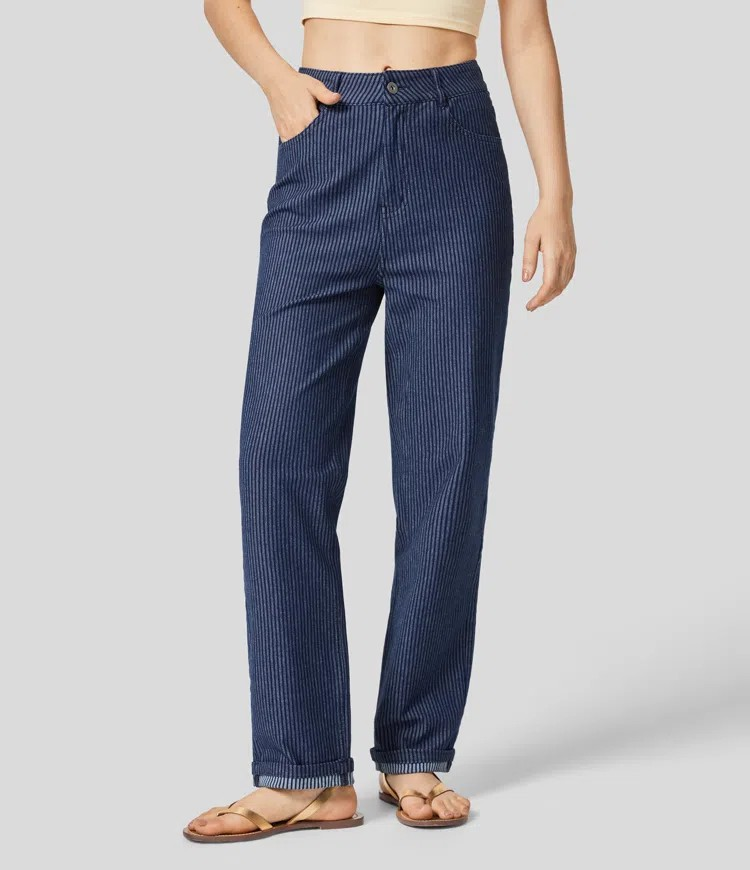 Washed Striped Straight-Leg Jeans